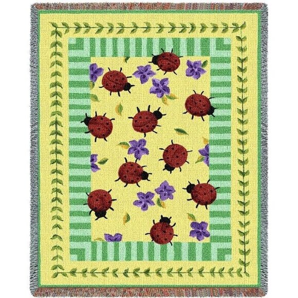 New Ladybug Garden Heavy Cotton Afghan Throw Blanket 54x70 Lady Bug Spots Beetle - Picture 1 of 3